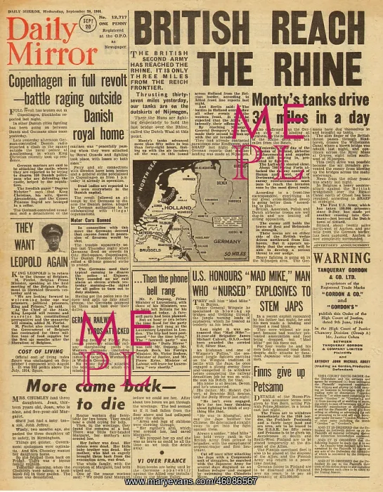 : 1944 Daily Mirror front page reporting Allies cross the Rive : 1944 Daily Mirror front page reporting Allies cross the Rive