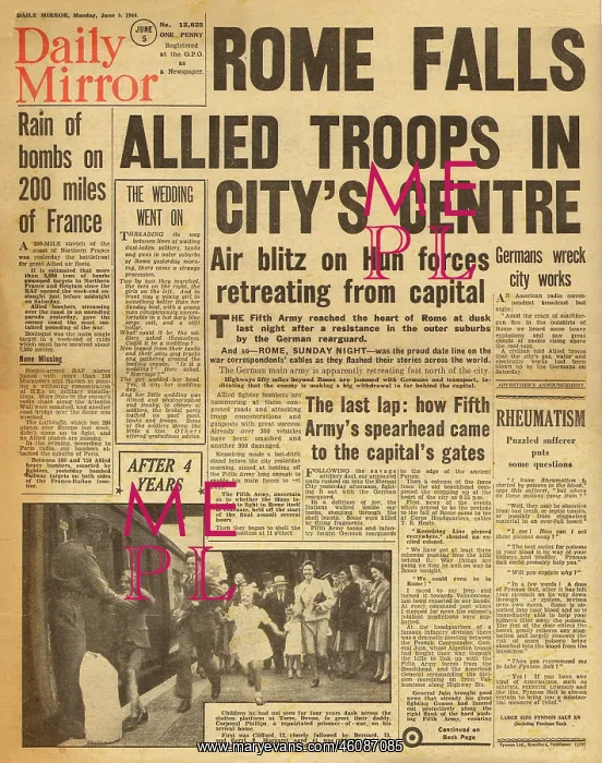 : 1944 Daily Mirror Rome Falls to Allied forces : 1944 Daily Mirror Rome Falls to Allied forces