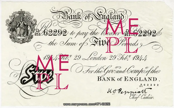 : 1944 English five pound note, money : 1944 English five pound note, money