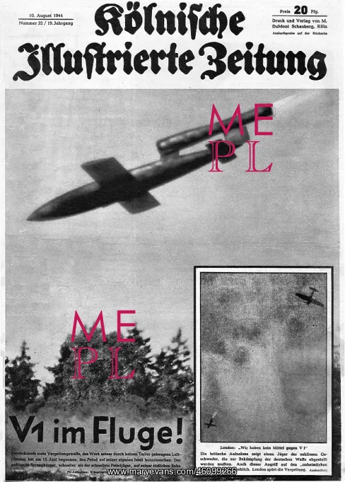 : 1944 Kolnische Illustrierte V1 rocket in flight : 1944 Kolnische Illustrierte V1 rocket in flight