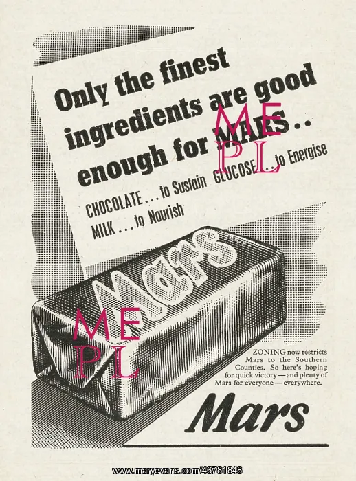 : 1944 UK Magazine Mars Bar Advert : 1944 UK Magazine Mars Bar Advert