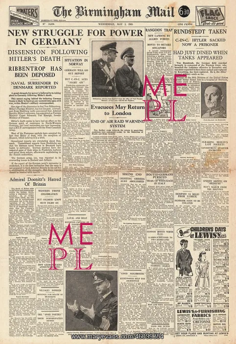 : 1945 Birmingham Mail Death of Adolf Hitler : 1945 Birmingham Mail Death of Adolf Hitler