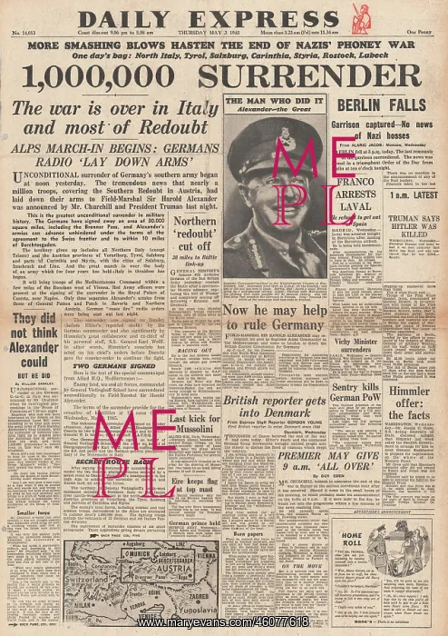 : 1945 Daily Express German Troops Surrender in Austria and It : 1945 Daily Express German Troops Surrender in Austria and It