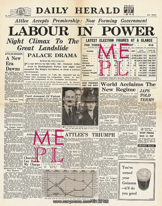 : 1945 Daily Herald Attlee and Labour Win General Election : 1945 Daily Herald Attlee and Labour Win General Election