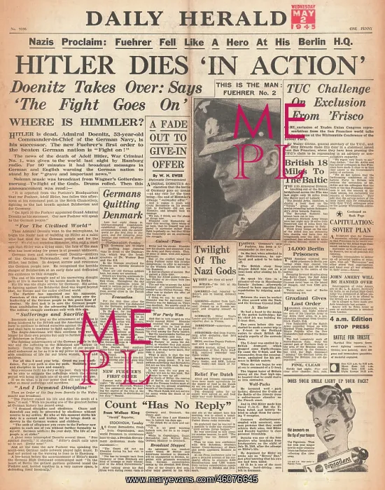 : 1945 Daily Herald Death of Adolf Hitler : 1945 Daily Herald Death of Adolf Hitler