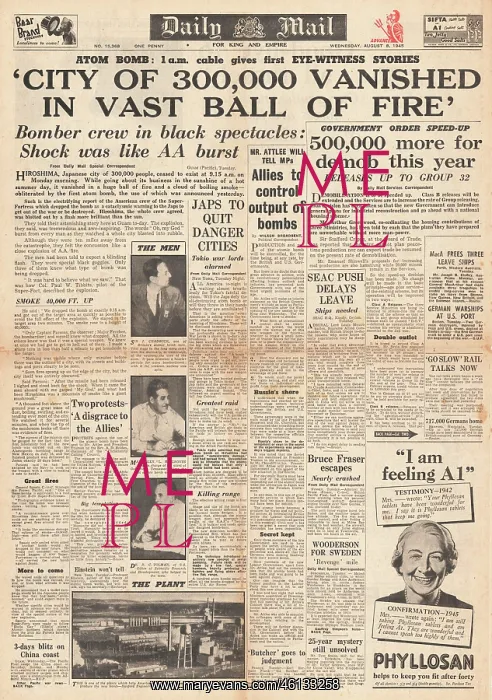 : 1945 Daily Mail Atom Bomb Dropped On Hiroshima : 1945 Daily Mail Atom Bomb Dropped On Hiroshima