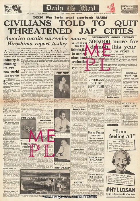 : 1945 Daily Mail Atom Bomb Dropped On Hiroshima : 1945 Daily Mail Atom Bomb Dropped On Hiroshima
