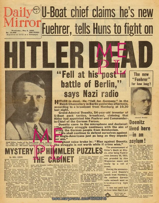 : 1945 Daily Mirror Adolf Hitler dead : 1945 Daily Mirror Adolf Hitler dead