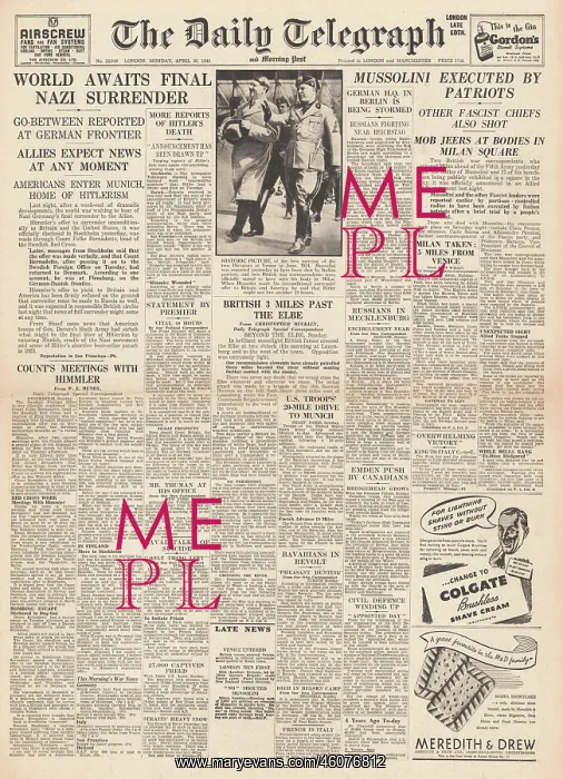 : 1945 Daily Telegraph Benito Mussolini Executed by Partisans : 1945 Daily Telegraph Benito Mussolini Executed by Partisans