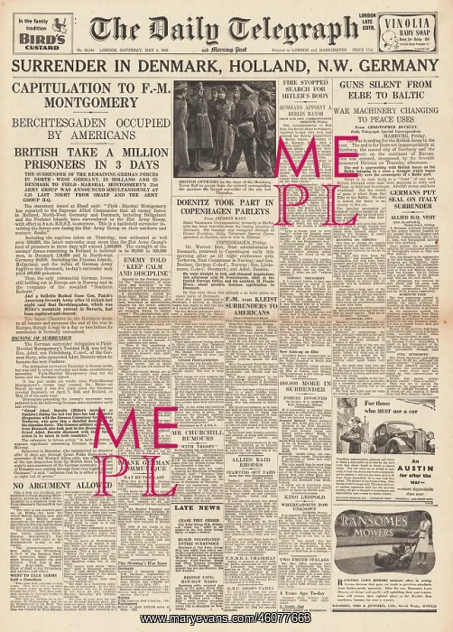 : 1945 Daily Telegraph Germany Surrenders : 1945 Daily Telegraph Germany Surrenders