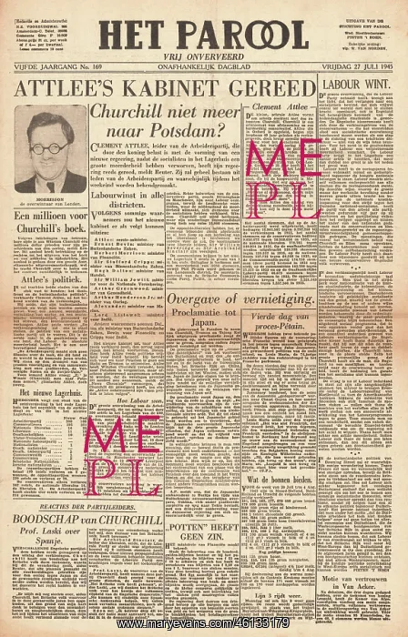 : 1945 Het Parool (Holland) Attlee and Labour Win General Elec : 1945 Het Parool (Holland) Attlee and Labour Win General Elec