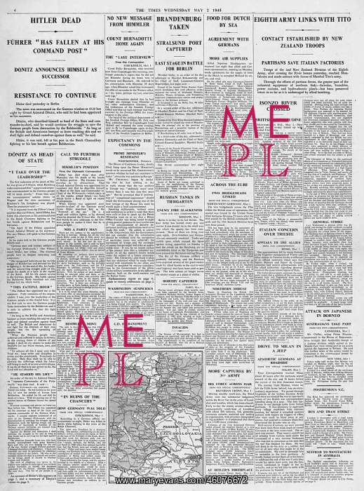 : 1945 The Times Death of Adolf Hitler : 1945 The Times Death of Adolf Hitler
