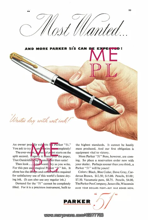 : 1945 U.S. Magazine Parker Pen Advert : 1945 U.S. Magazine Parker Pen Advert