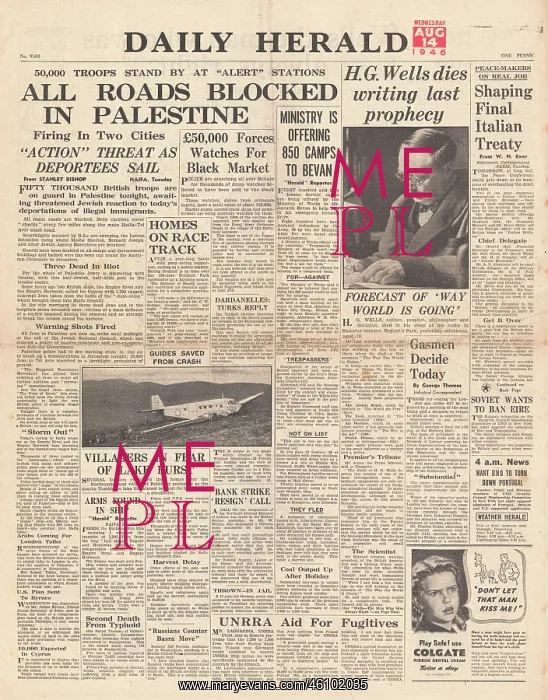 : 1946 Daily Herald newspaper front page Death of H.G.Wells : 1946 Daily Herald newspaper front page Death of H.G.Wells
