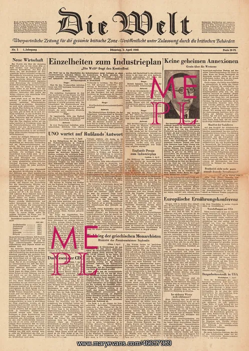 : 1946 Die Welt No. 1 Edition : 1946 Die Welt No. 1 Edition
