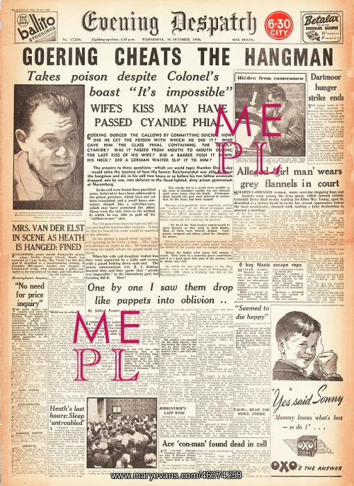 : 1946 Evening Despatch Herman Goering commits suicide : 1946 Evening Despatch Herman Goering commits suicide
