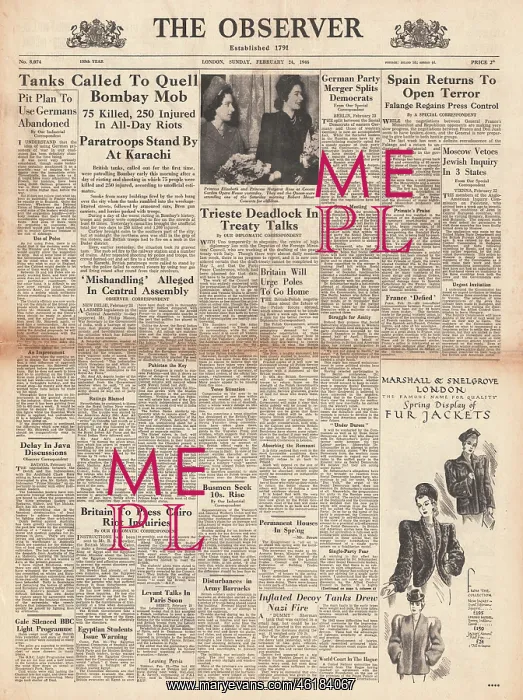 : 1946 The Observer newspaper front page Bombay Riots : 1946 The Observer newspaper front page Bombay Riots