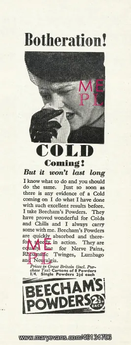 : 1946 UK Magazine Beechams Advert : 1946 UK Magazine Beechams Advert