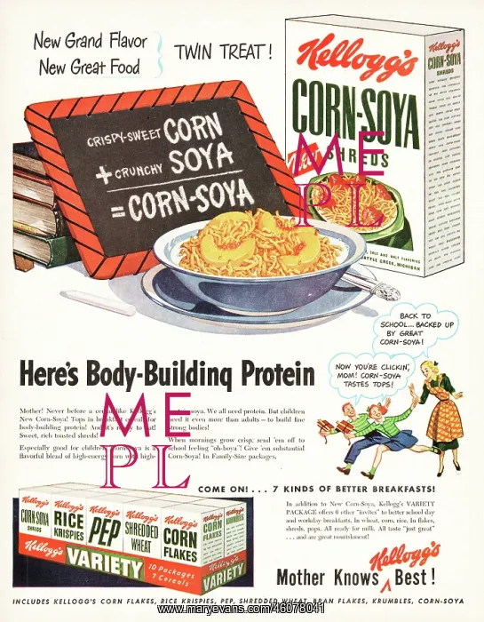: 1948 U.S. Magazine Kellogs Corn Soya Shreds Advert : 1948 U.S. Magazine Kellogs Corn Soya Shreds Advert