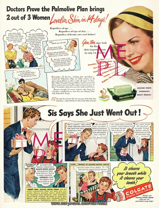 : 1948 U.S. Magazine Palmolive Soap and Colgate Toothpaste Ad : 1948 U.S. Magazine Palmolive Soap and Colgate Toothpaste Ad