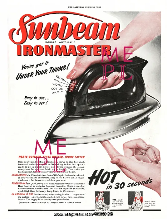 : 1948 U.S. Magazine Sunbeam Iron Advert : 1948 U.S. Magazine Sunbeam Iron Advert