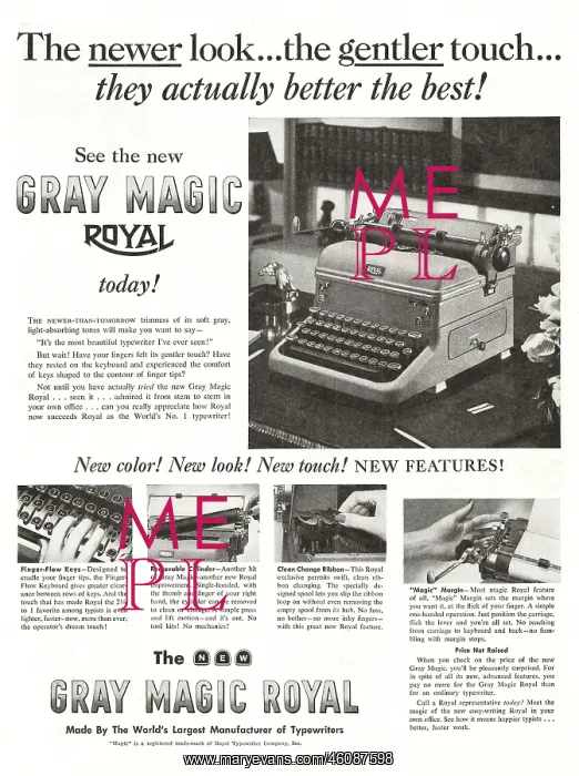: 1949 U.S. Magazine Gray Magic Royal Typewriter Advert : 1949 U.S. Magazine Gray Magic Royal Typewriter Advert