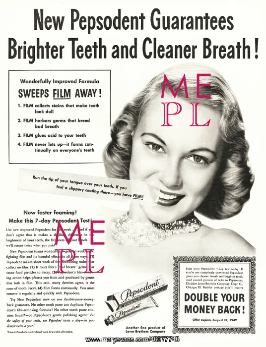 : 1949 U.S. Magazine Pepsodent toothpaste Advert : 1949 U.S. Magazine Pepsodent toothpaste Advert