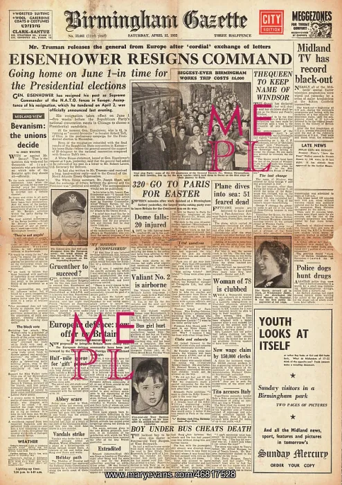 : 1950 Birmingham Gazette Eisenhower resigns : 1950 Birmingham Gazette Eisenhower resigns