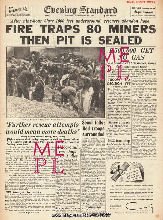 : 1950 Evening Standard Creswell colliery disaster : 1950 Evening Standard Creswell colliery disaster