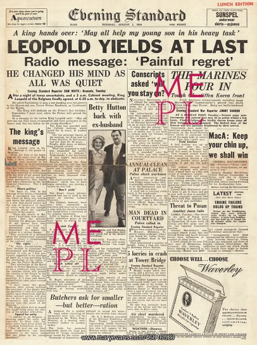 : 1950 Evening Standard King Leopold abdicates : 1950 Evening Standard King Leopold abdicates