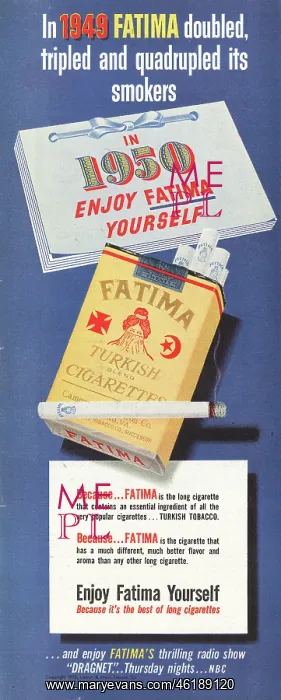 : 1950 U.S. Magazine Fatima Cigarette Advert : 1950 U.S. Magazine Fatima Cigarette Advert