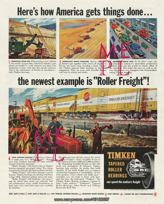 : 1950 U.S. Magazine Timken Roller Bearings Advert : 1950 U.S. Magazine Timken Roller Bearings Advert