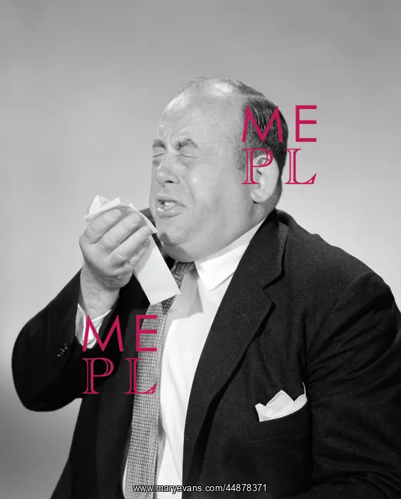 : 1950s 1960s Bald Man Sneezing : 1950s 1960s Bald Man Sneezing