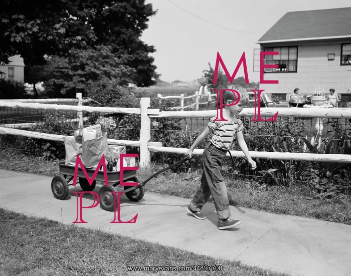  : 1950s BOY PULLING GROCERIES IN WAGON
