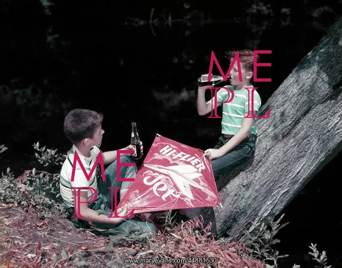 : 1950s Two Boys With Kite Drinking Sodas : 1950s Two Boys With Kite Drinking Sodas