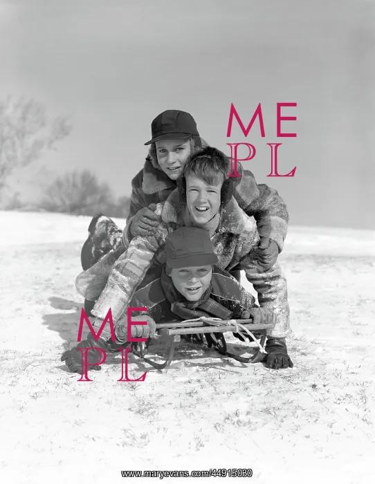 : 1950s THREE BOYS PILED ON TOP OF SLED ON SNOW : 1950s THREE BOYS PILED ON TOP OF SLED ON SNOW