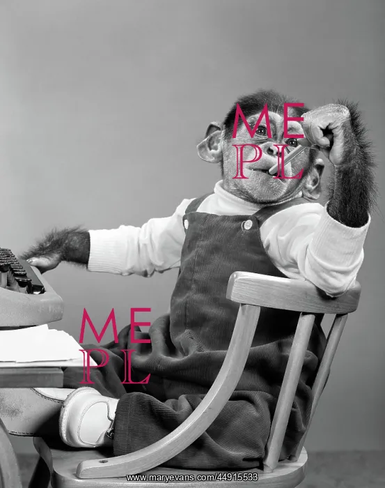 : 1950s CHIMPANZEE IN OVERALLS SITTING IN CHAIR : 1950s CHIMPANZEE IN OVERALLS SITTING IN CHAIR