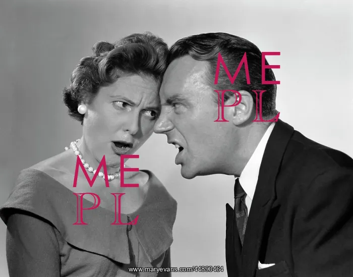  : 1950s Couple Arguing Yelling Foreheads