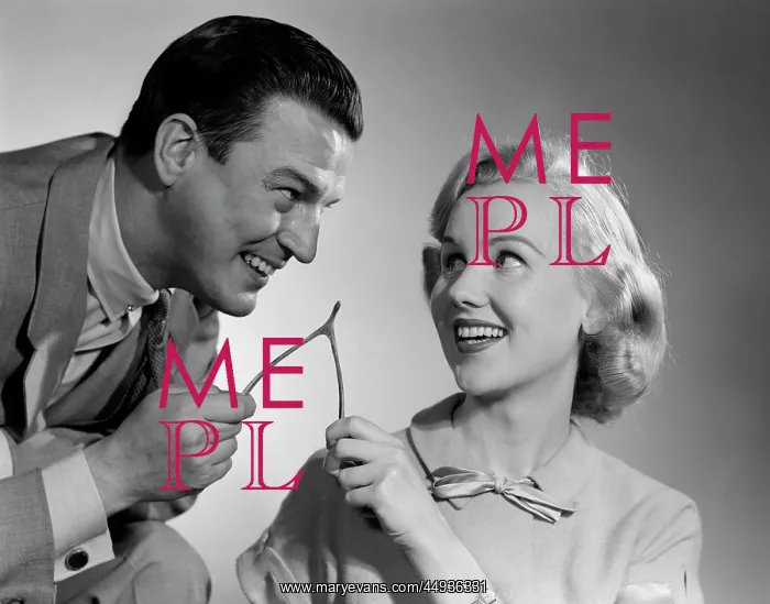 : 1950s Couple Pulling and Breaking a Wishbone for Luck Tra : 1950s Couple Pulling and Breaking a Wishbone for Luck Tra