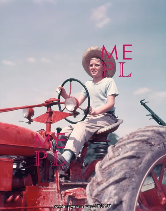 : 1950s Farm Boy Wearing Straw Hat : 1950s Farm Boy Wearing Straw Hat