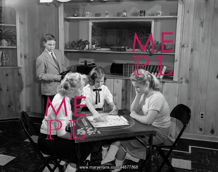 : 1950s Girls Playing Scrabble : 1950s Girls Playing Scrabble