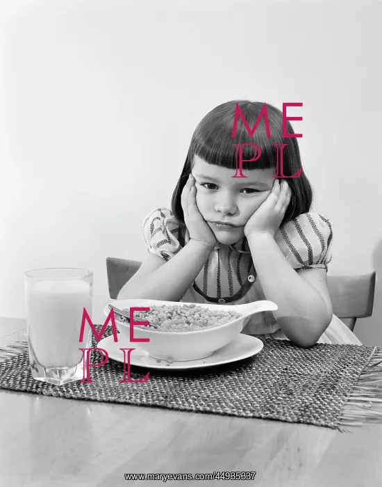 : 1950s Grumpy Girl Sitting at Table with Bowl of Cereal Gl : 1950s Grumpy Girl Sitting at Table with Bowl of Cereal Gl