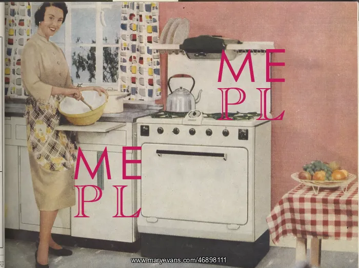 : 1950s kitchen with housewife : 1950s kitchen with housewife