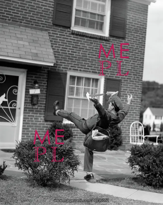: 1950s MAN MAILMAN TRIPPING FALLING IN FRONT OF : 1950s MAN MAILMAN TRIPPING FALLING IN FRONT OF