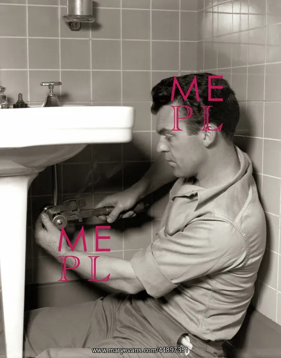 : 1950s MAN PLUMBER FIXING BATHROOM SINK : 1950s MAN PLUMBER FIXING BATHROOM SINK