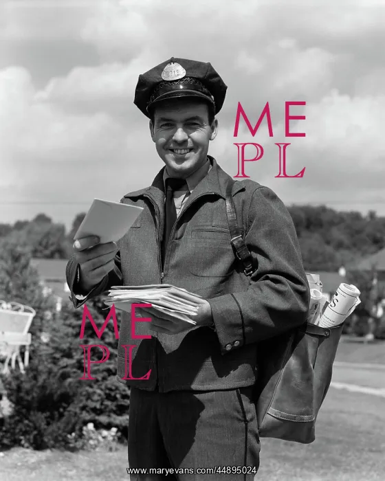 : 1950s MAN SMILING POSTMAN HOLDING OUT LETTER : 1950s MAN SMILING POSTMAN HOLDING OUT LETTER