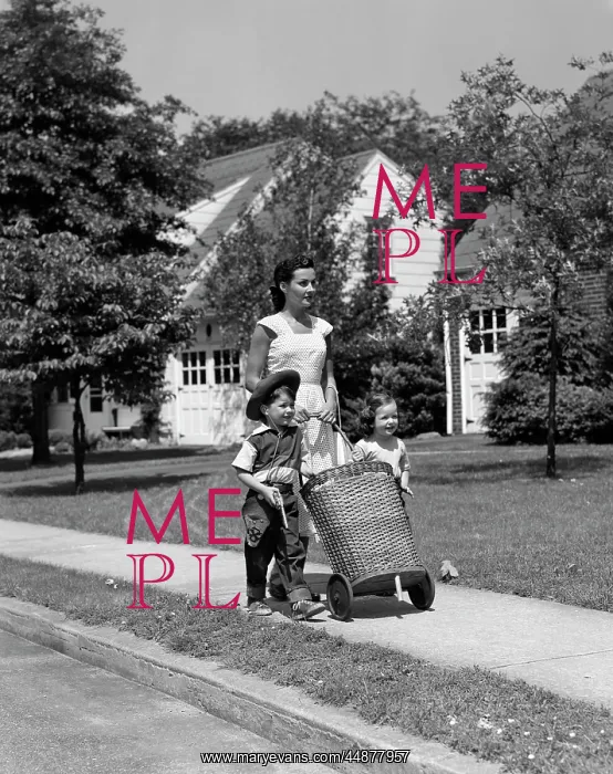 : 1950s Mom On Sidewalk Pushing : 1950s Mom On Sidewalk Pushing