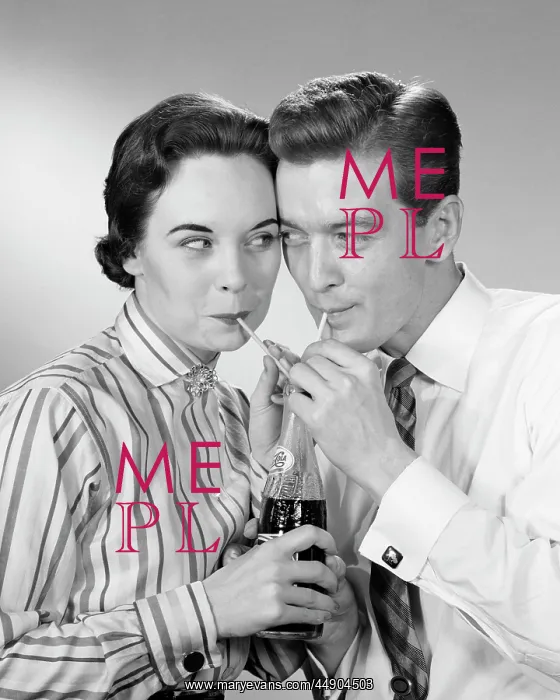: 1950s - Romantic Couple Head to Head Sharing a Soda Pop : 1950s - Romantic Couple Head to Head Sharing a Soda Pop