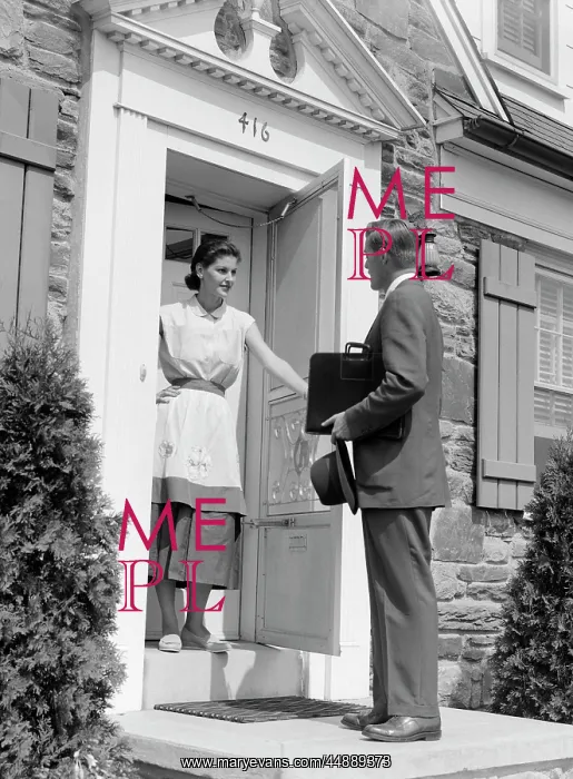 : 1950s Salesman At Door Talking : 1950s Salesman At Door Talking