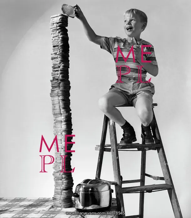  : 1950s Smiling Boy On Ladder Stacking